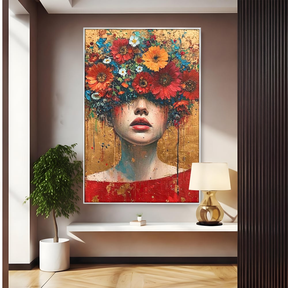 Tablou canvas cu tablou canvas cu portret de femeie si flori, in rama de aluminiu argintiu